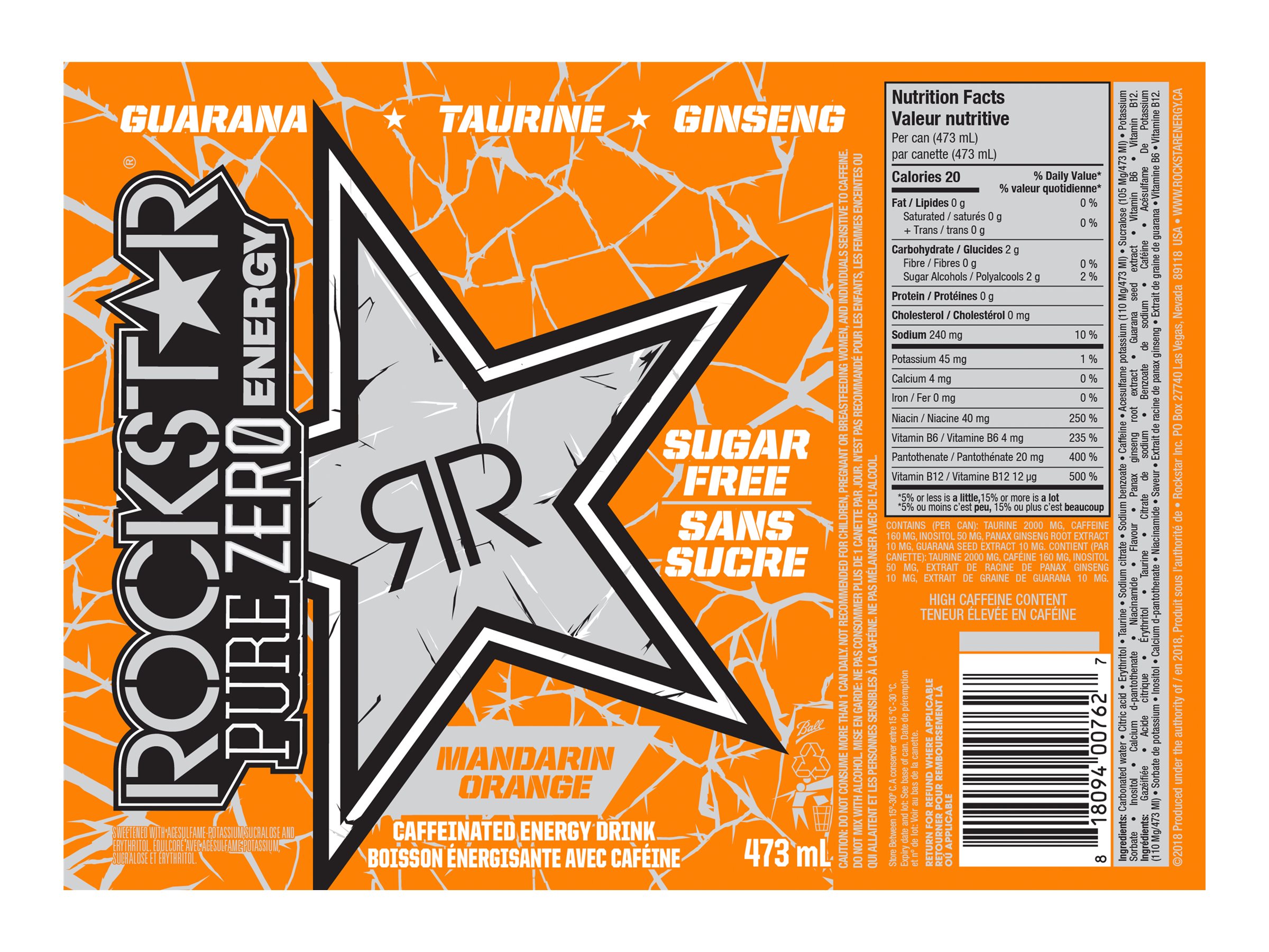 Rockstar Caffeinated Energy Drink - Mandarin Orange - 473ml