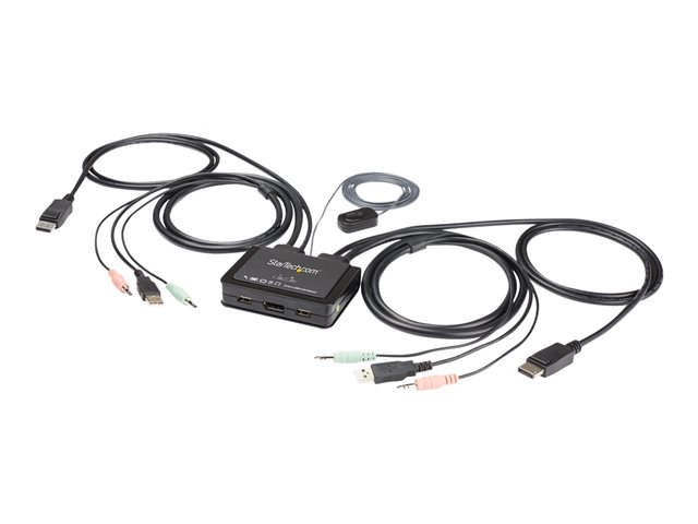 StarTech.com 2 Port DisplayPort KVM Switch, 4K 60Hz, Compact Dual Port UHD DP 1.2 USB Desktop KVM Switch w/ Integrated 4ft Cables & Audio, Bus Powered & Remote Switching, MacBook ThinkPad - 4K KVM Switch w/ Audio (SV211DPUA4K)
