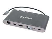 Manhattan USB-C Dock/Hub Card Reader - Ports (x9): USB-C to HDMI, Audio 3.5mm, , Mini DisplayPort, USB-A (x3) and USB-C, With Power Delivery to USB-C Port, Cable 20cm, Aluminium, Grey, Three Year Warranty, Retail Box Dockingstation