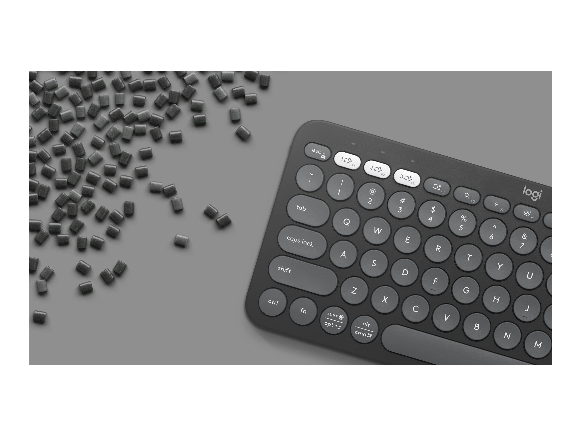 Logitech Pebble Keys 2 K380s keyboard QWERTY English tonal graphite Input Product shot Bottom 75700