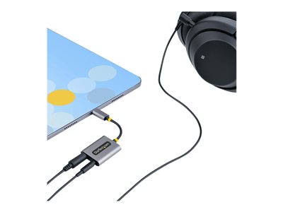 Product  StarTech.com USB-C Headphone Splitter, USB Type C Dual Headset  Adapter w/Microphone Input, USB C to 3.5mm Adapter/Earphone Dongle, USB C  to Audio Jack/Aux Output - Mic and Headset Controls, Built-in