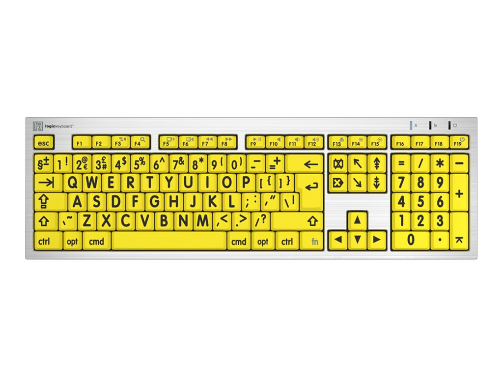 An image of LogicKeyboard Largeprint ALBA Slimline - keyboard - Mac - QWERTY - UK - black on yellow, silver - with LogicLight LED keyboard lamp Input Device