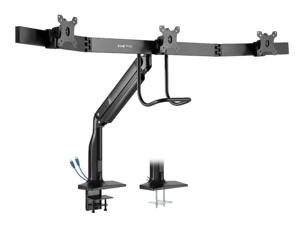 Eaton Tripp Lite Series Precision-Placement Triple-Display Desk Clamp with Antimicrobial Tape for 17" to 32" Displays, USB Ports