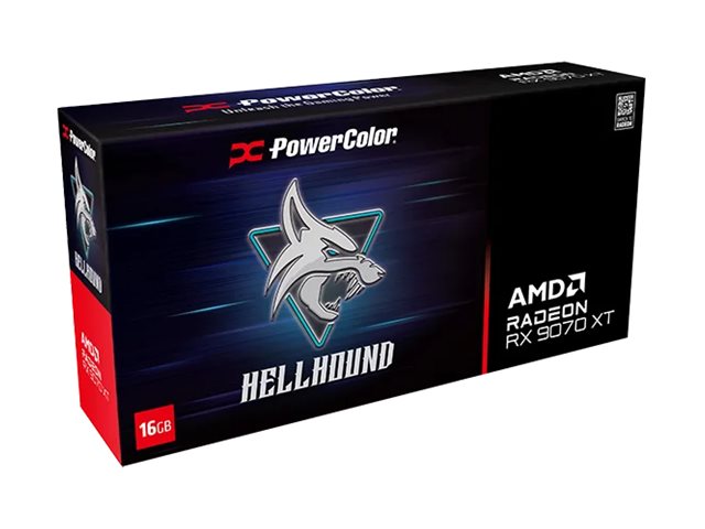 PowerColor Hellhound Radeon RX 9070 XT graphics card Radeon RX 9070 XT 16 Package view Left-angle 76900