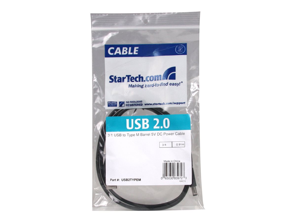 StarTech.com 3 ft USB to Type M Barrel 5V DC Power Cable - Power cable - USB (power only) (M) to DC jack 5.5 mm (M) - 3 ft - molded - black - USB2TYPEM - elektrický kabel - USB (pouze napájení) do DC jack 5,5 mm - 91 cm – foto 2