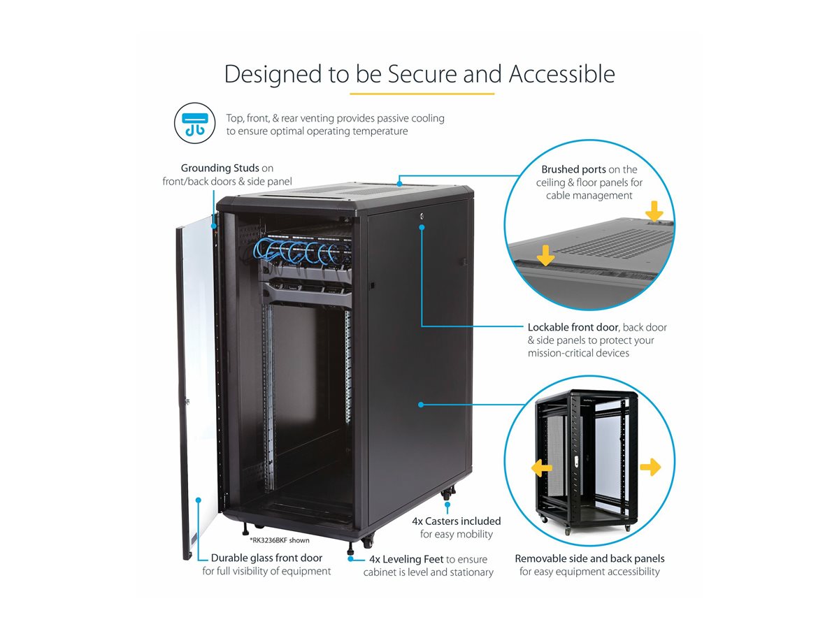 StarTech.com 25U Network Rack Cabinet on Wheels - 36in Deep - Portable 19in 4 Post Network Rack Enclosure for Data & IT Computer Equipment w/ Casters (RK2536BKF) - rozvaděč stojanový - 25U – foto 4
