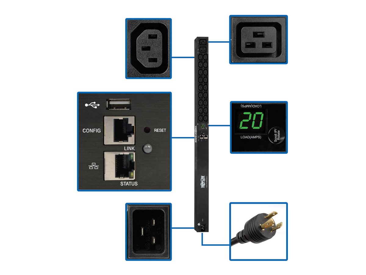 Tripp Lite 3.3/3.7kW Single-Phase Monitored PDU, LX Platform Interface, 208/230V Outlets (18 C13/2 C19), C20/L6-20P, 0U 90cm/35.5 in., TAA