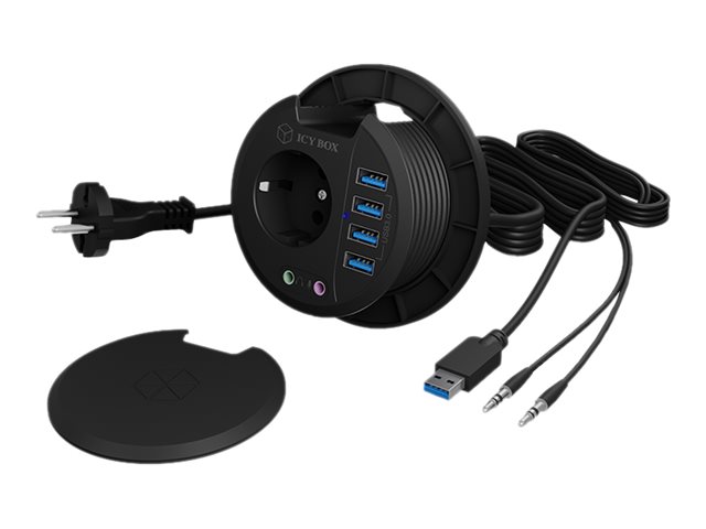 ICYBOX Table Hub 4x USB 3.0 Type-A with Audio in-/output and Schuko Socket CEE 7/3 diameter 80 mm Bl