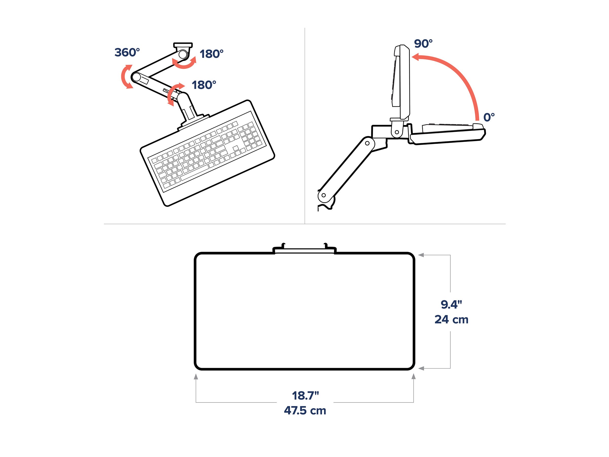 Ergotron LX Pro keyboard/mouse arm mount tray Product shot Right-angle 80001