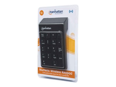 Manhattan Numeric Keypad, Wireless (2.4GHz), USB-A Micro Receiver, 18 Full Size Keys, Black, Membrane Key Switches, Auto Power Management, Range 10m, AAA Battery (included), Windows and Mac, Three Year Warranty, Blister