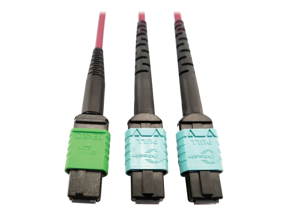 Eaton Tripp Lite Series 400G Multimode 50/125 OM4 Plenum Fiber Optic Cable, 16F MTP/MPO-APC to (x2) 12F MTP/MPO-UPC (F/F), Magenta, 5 m