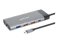 Manhattan USB-C Dock/Hub, Ports (x10): Ethernet, HDMI (x2 8k), USB-A (x5) and USB-C (x2), With Power Delivery (100W) to USB-C Port (Note additional USB-C wall charger and USB-C cable needed), USB 3.2 Gen 2, All Ports can be used at the same time, Aluminium, Grey