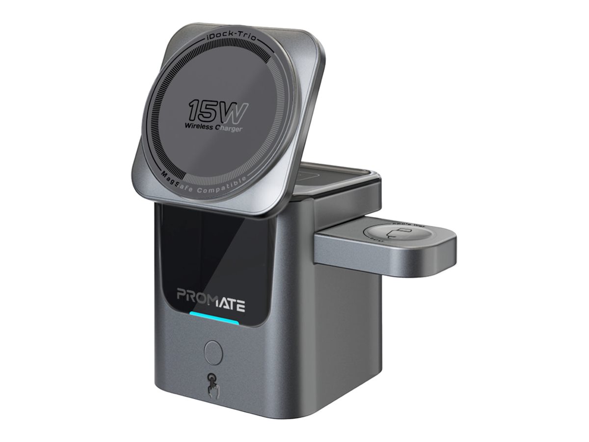 Promate iDock-Trio wireless charging stand, ultra-compact, auto-fold, MagSafe compatible, 15 watt