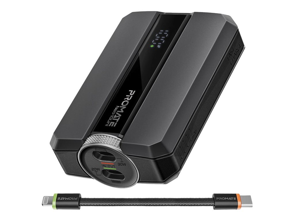 Promate Neo-10Uni power bank, ultra-compact, bidirectional cable, Li-Ion, 24 pin USB-C, Lightning, 30 Watt