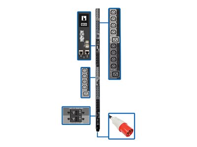 Eaton Tripp Lite Series 27.7kW 3-Phase Switched PDU, LX Platform Interface, 220/230V Outlets (24 C13/6 C19), Touchscreen LCD, IEC 309 63A Red 380/400V, 0U, TAA
