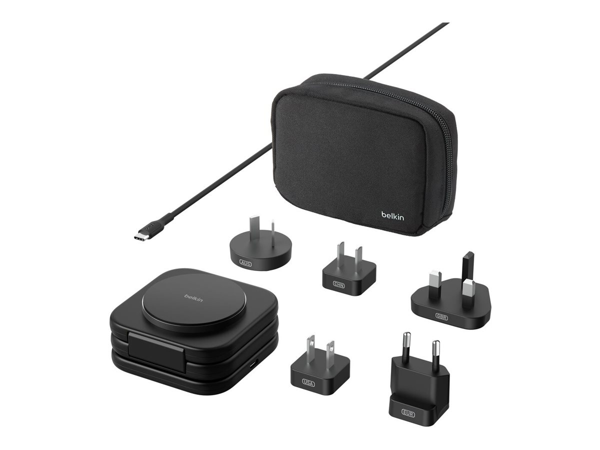 Belkin BoostCharge Pro 3-in-1 wireless charging pad magnetic with Qi2 + AC power adapter 15 Product shot Right-angle 79850