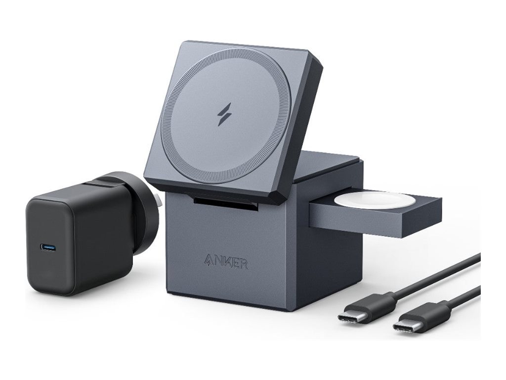 Anker 3-in-1 Cube wireless charging stand with MagSafe + AC power adapter 15 Product shot Right-angle 79700