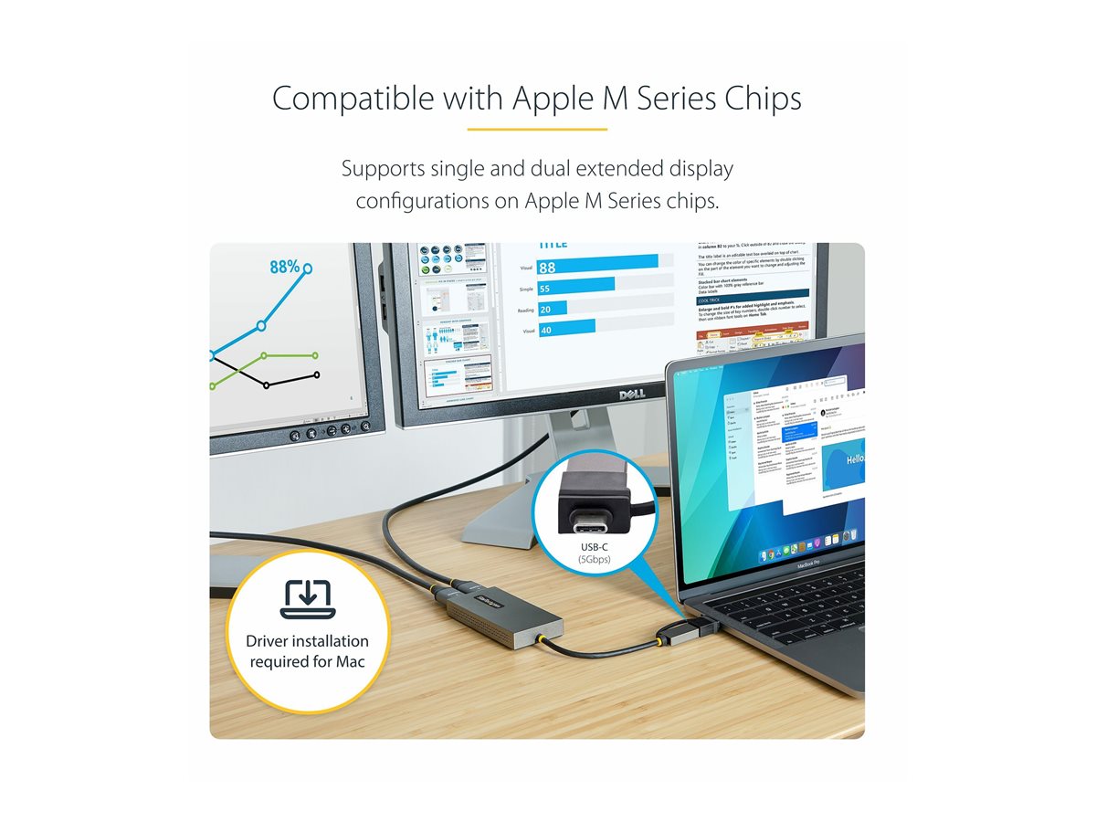 StarTech.com USB to Dual HDMI Adapter, USB A/C to 2x HDMI Monitors (1x 4K 30Hz, 1x 1080p), Integrated USB-A to C Dongle, 4in/11cm Cable, Windows & macOS - USB 3.0 to HDMI Multi-Monitor Display Adapter for Laptop (107B-USB-HDMI) - video adaptér - HDMI / USB – foto 5