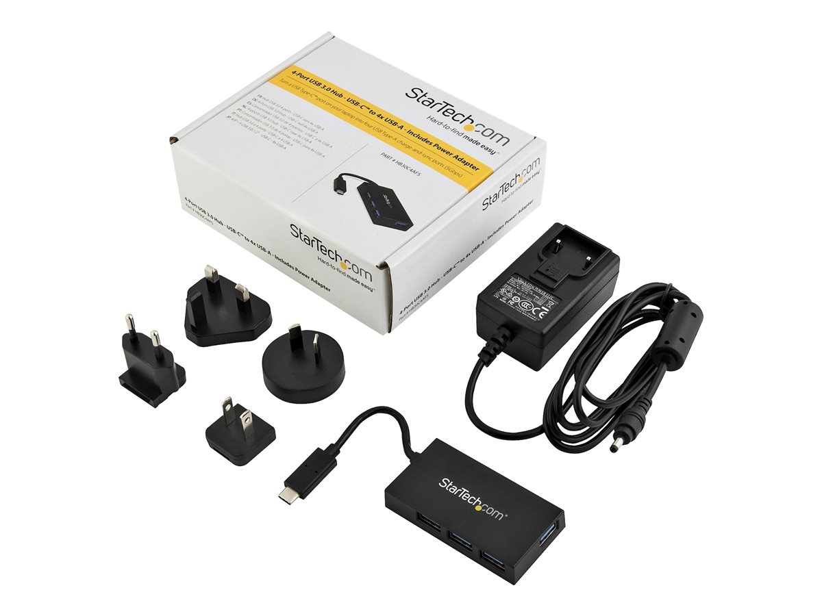StarTech.com 4 Port USB C Hub with 4x USB-A Ports USB 3.0 (USB 3.1/3.2 Gen 1 SuperSpeed 5Gbps), USB Bus or Self Power, Portable USB Type-C to USB-A BC 1.2 Charging Hub w/Power Adapter - Windows/macOS/Linux (HB30C4AFS) - rozbočovač - 4 porty – foto 2