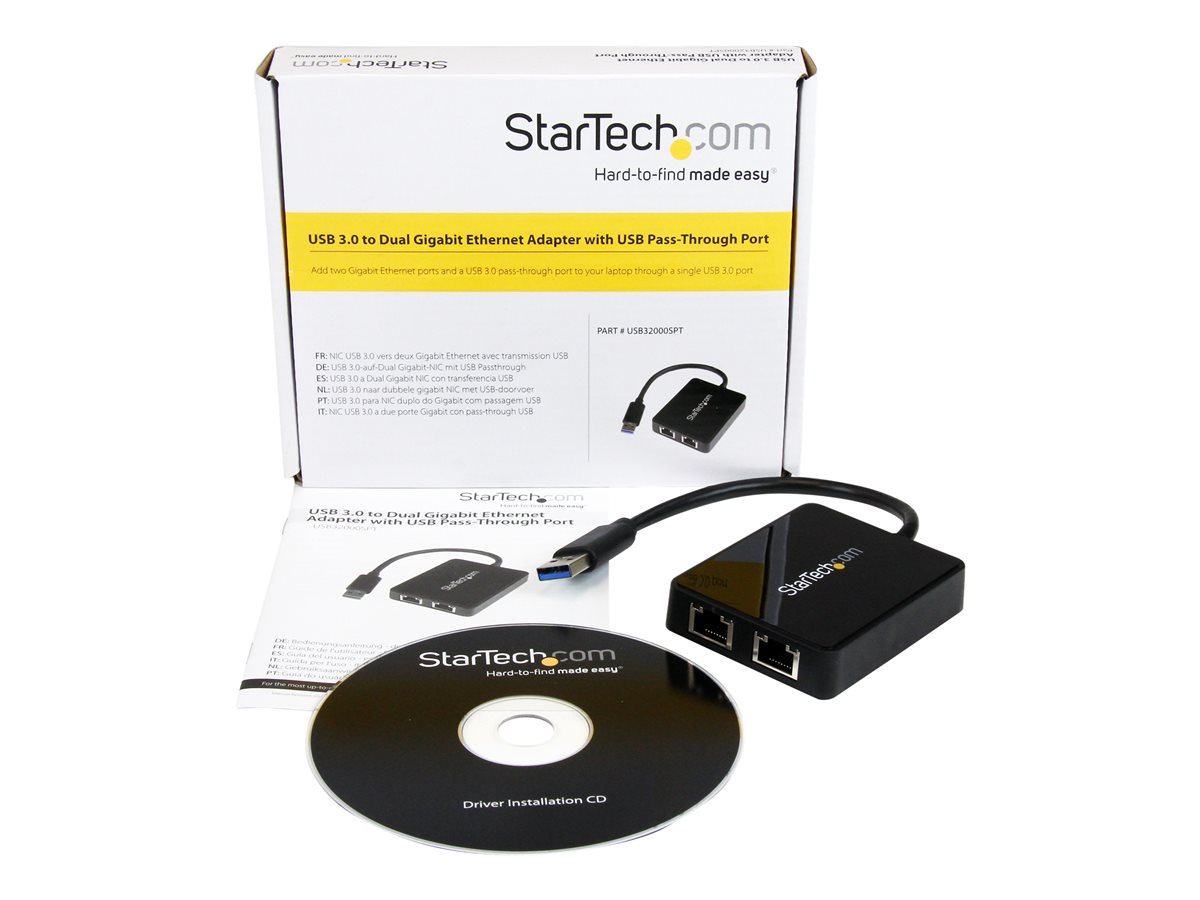 StarTech.com USB 3.0 to Dual Port Gigabit Ethernet Adapter w/ USB Port - 10/100/100 - USB Gigabit LAN Network NIC Adapter (USB32000SPT) - síťový adaptér - USB 3.0 - 2 porty – foto 4