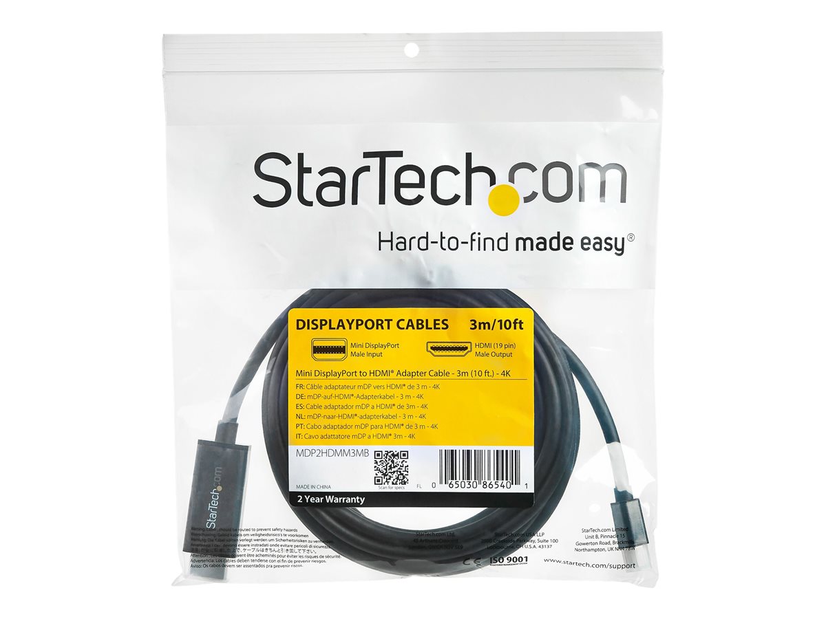 StarTech.com Mini DisplayPort to HDMI Adapter Cable - mDP to HDMI Adapter with Built-in Cable - Black - 3 m (10 ft.) - Ultra HD 4K 30Hz (MDP2HDMM3MB) - kabel adaptéru - DisplayPort / HDMI - 3 m – foto 2