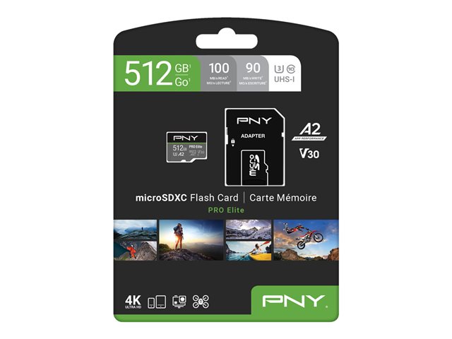 PNY PRO Elite - Flash-Speicherkarte (microSDXC-an-SD-Adapter inbegriffen) - 512 GB - A2 / Video Class V30 / UHS-I U3 / Class10 - microSDXC UHS-I