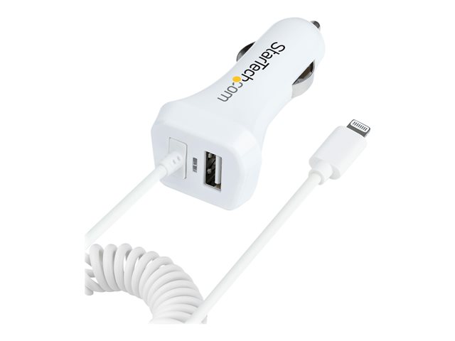 StarTech.com Lightning Car Charger with 1m Coiled Lightning Cable, 12W, White, 2 Port USB Car Charger Adapter for Phones and Tablets, In Car Apple iPhone/iPad Charger w/ Built-in Cord - Dual USB Car Charger (USBLT2PCARW2)