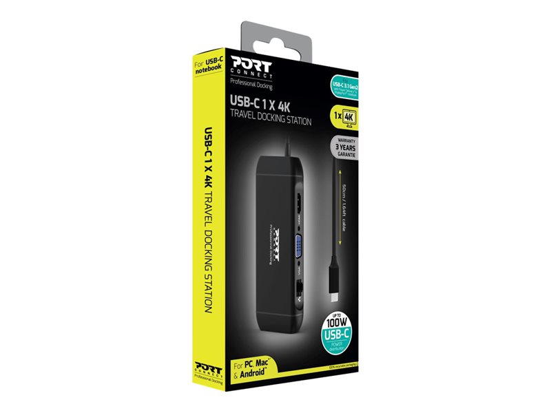Port Connect Station D'accueil 4K USB-C 100W Pour 7 Périphériques - Noire, Dual Display HDMI VGA