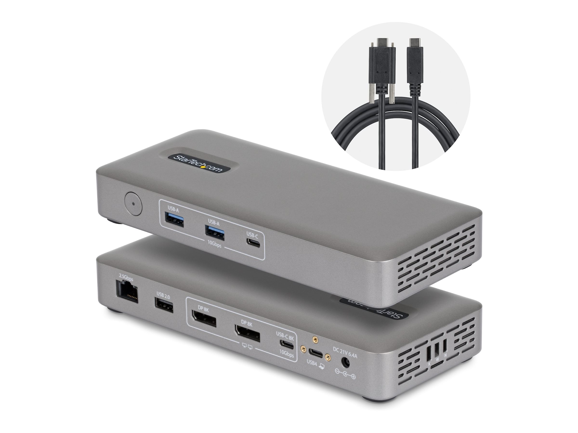 Startech docking station USB4 / Thunderbolt 4 / Thunderbolt 5 2 x DP 1GbE Product shot Multi-angle 79100