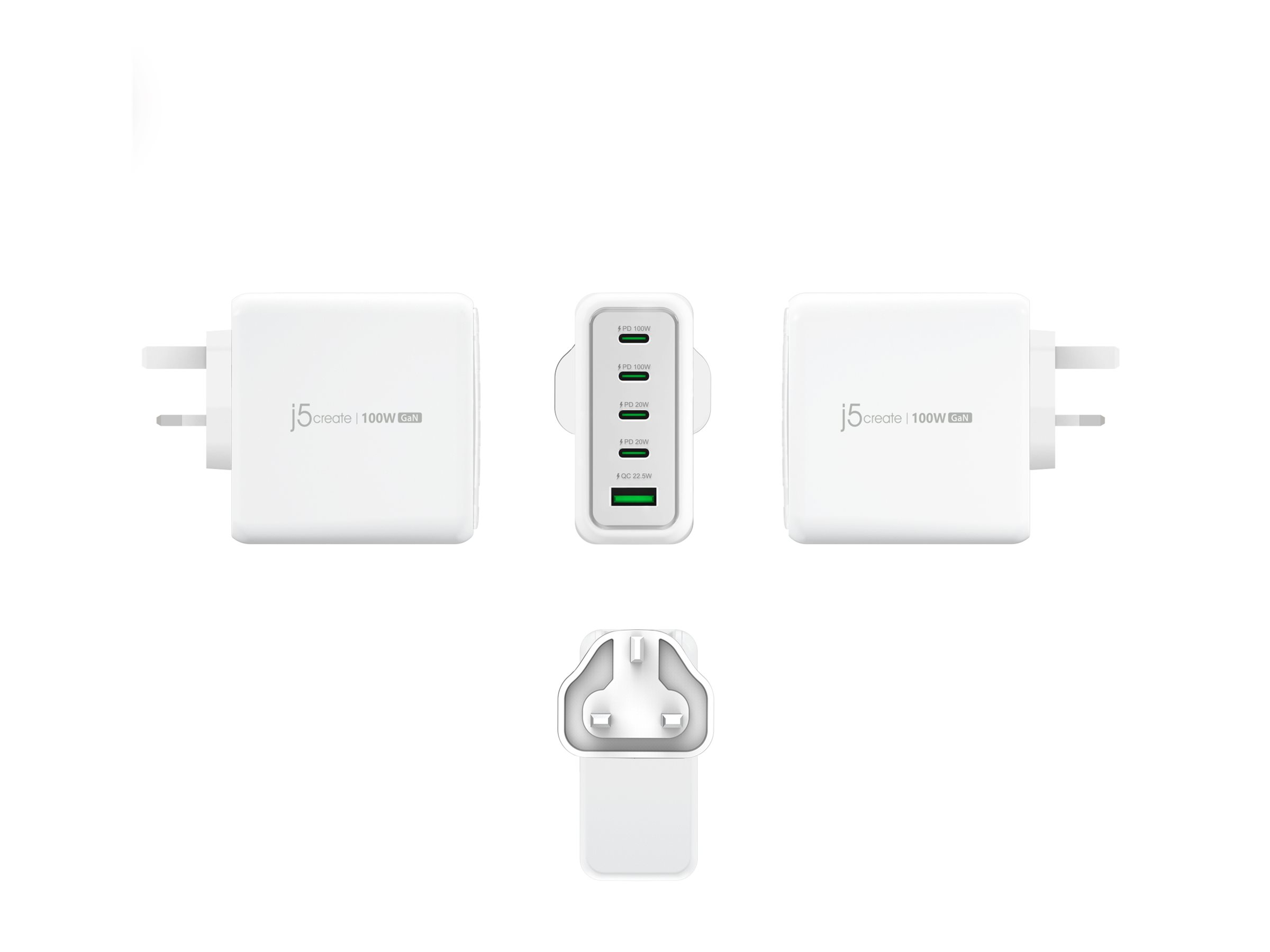 An image of j5create JUP53100 power adapter - GaN - 4 x USB-C, USB - 100 Watt