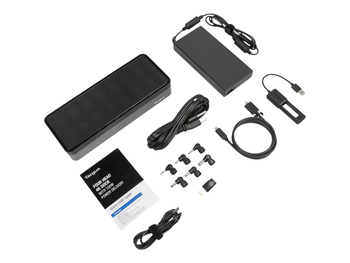 Targus USB-C Universal Quad 4K (QV4K) Docking Station with 100W Power Delivery docking station What's in the box Left-angle 77773