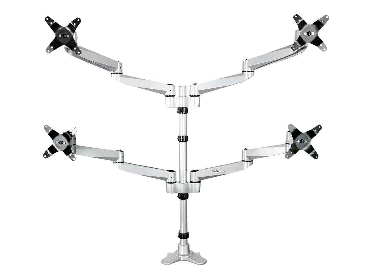 StarTech.com Desk Mount Quad Monitor Arm, Premium Articulating VESA 4 Monitor Mount 2x2 up to 27", Ergonomic Height Adjustable Pole Mount, Tilt/Swivel/Rotate, C-Clamp/Grommet, Silver - Heavy-duty VESA Mount (ARMQUADPS) montážní sada - nastavitelné rameno - pro 4 monitory - stříbrná - kompatibilní s TAA – foto 2