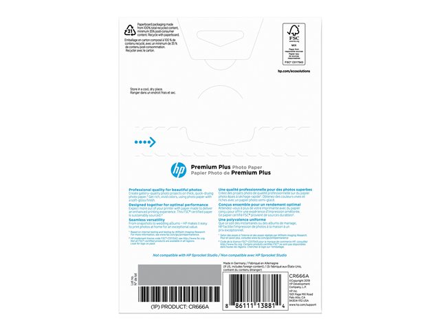 HP Premium Plus - Doux-brillant - 11,5 mil - 102 x 152 mm - 300 g/m? - 80 lbs - 100 feuille(s) papier photo - pour Deskjet 36XX; ENVY 50XX, 76XX, Photo 7855; Officejet 52XX; Photosmart B110, Wireless B110