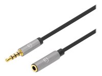 Manhattan Stereo Audio 3.5mm Extension Cable, 1m, Male/Female, Slim Design, Black/Silver, Premium with 24 karat gold plated contacts and pure oxygen-free copper (OFC) wire, Lifetime Warranty, Polybag Forlængerkabel til audio 1m Sort Sølv