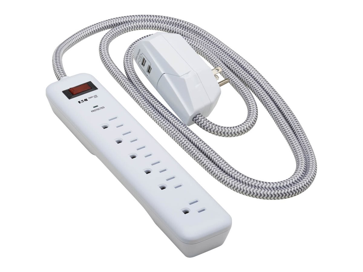 Tripp Lite 7-Outlet -6 on strip/1 in detachable plug-Surge Protector, 2 USB Ports (2.4A Shared), Detachable Charger Plug, 6 ft. Cord, 5-15P Plug, 900 Joules, White