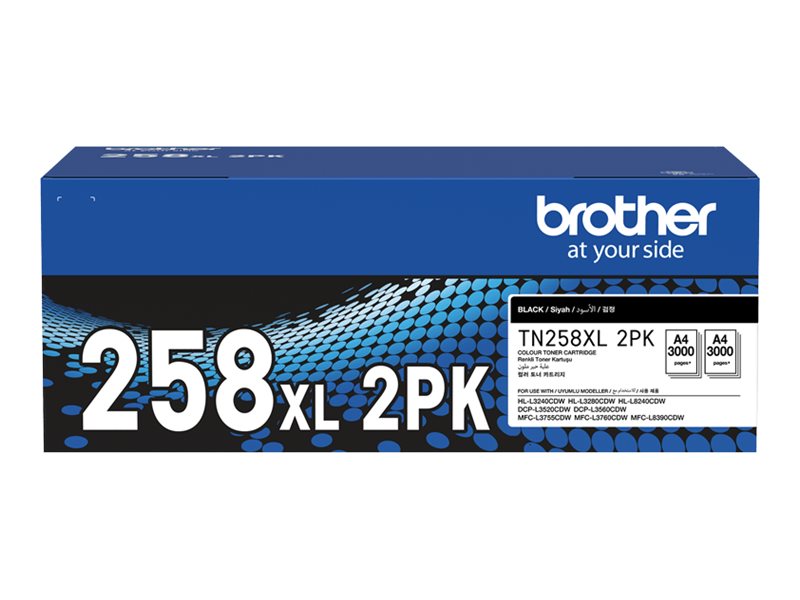 Brother TN258XLBK 2PK 2-pack High Yield black original toner Package view Front 80460