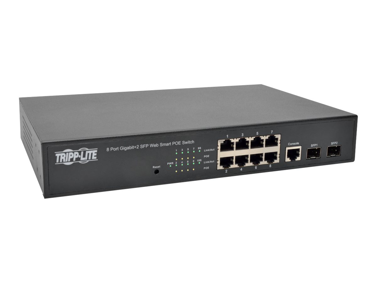 Tripp Lite 8-Port Gigabit Ethernet Switch L2 Web-Smart Managed PoE+ , 10/100/1000Mbps, 2 Dedicated Gigabit SFP Slots, 20 Gbps, Web Interface