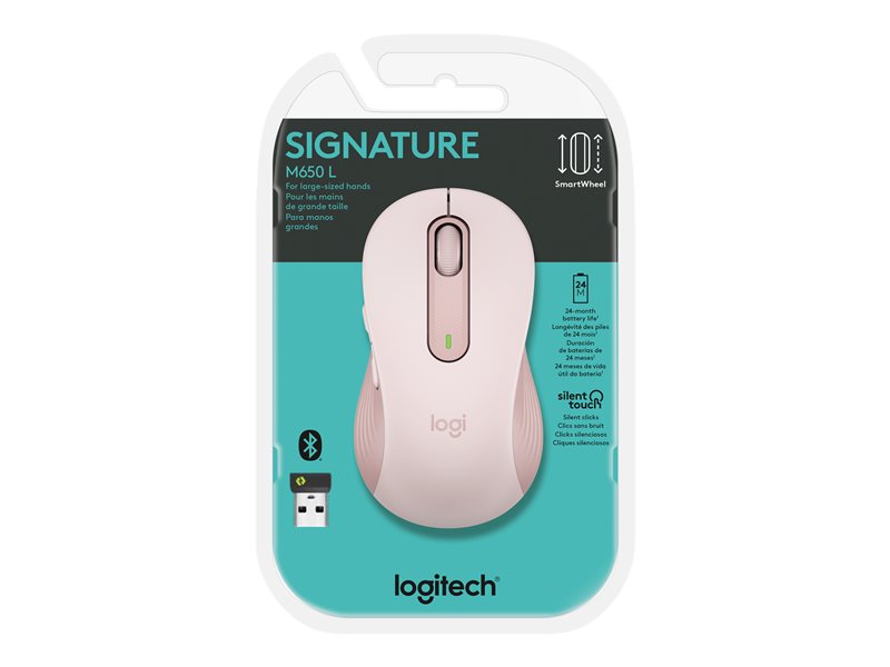 Logitech Signature M650 L - Souris - grande taille - optique - 5 boutons -  sans fil - Bluetooth, 2.4 GHz - récepteur USB Logitech Logi Bolt - rose  (910-006237)