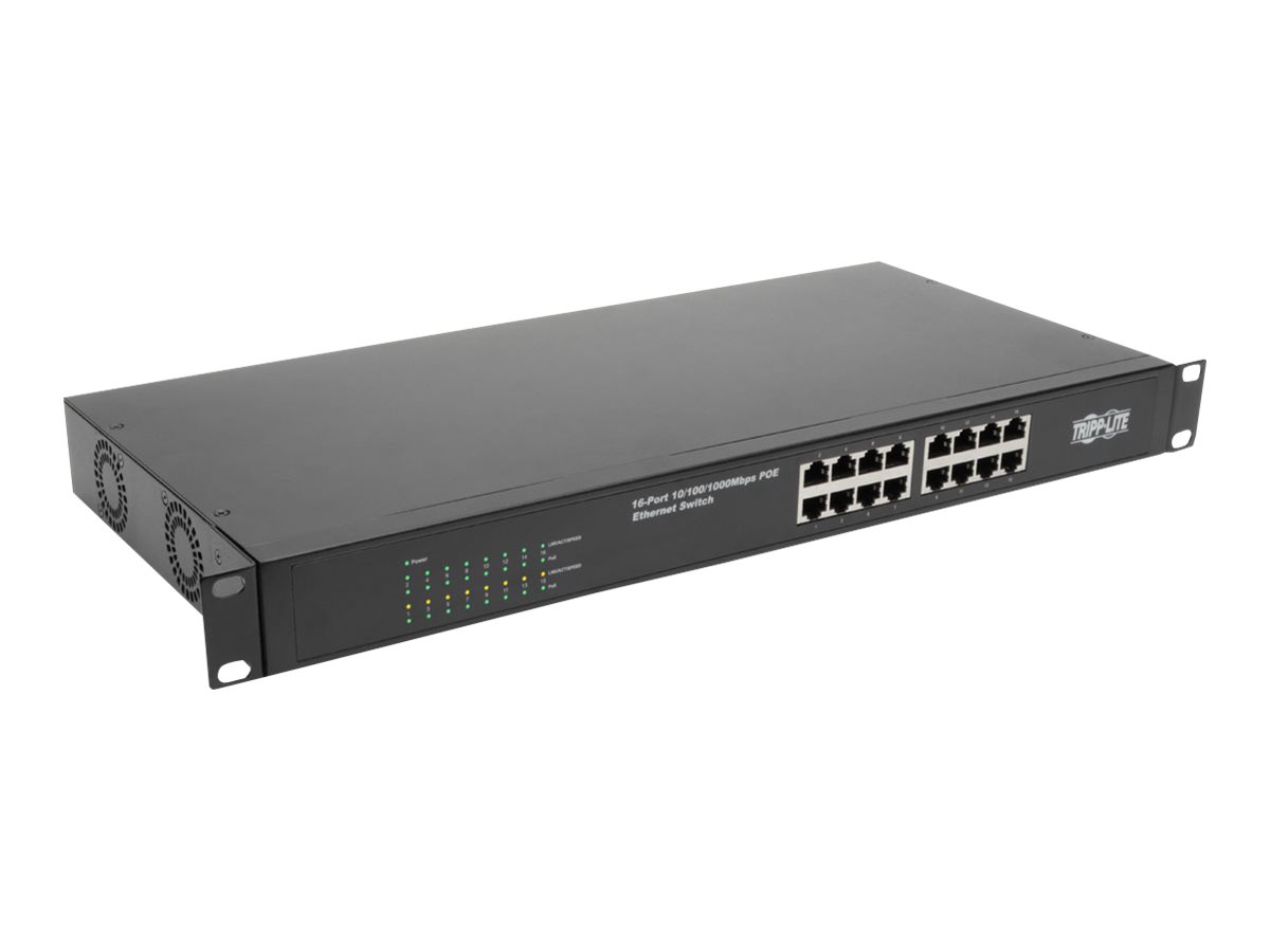 Tripp Lite 16-Port 10/100/1000 Mbps 1U Rack-Mount/Desktop Gigabit Ethernet Unmanaged Switch with PoE+, 230W, Metal Housing