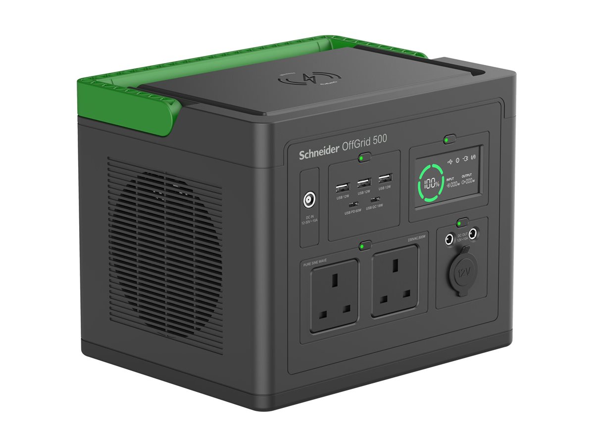 Schneider OffGrid 500 - přenosná napájecí stanice - LCD, 2 zásuvky BS1363, sinusový průběh, 3 USB-A, 2 USB-C, bezdrátová nabíječka - 500 Watt - Li-Ion - 517 Wh – foto 2