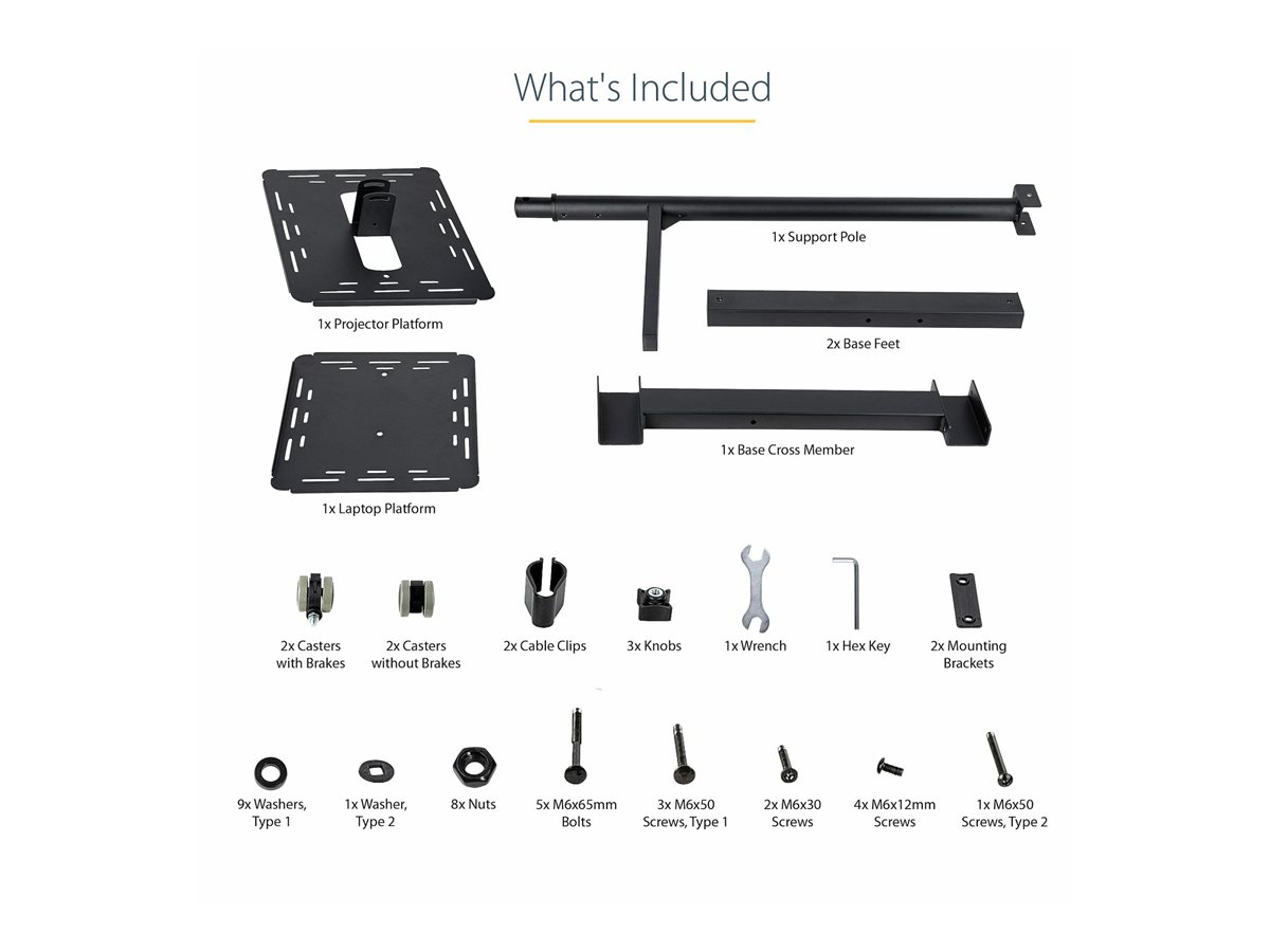 StarTech.com Mobile Projector and Laptop Stand/Cart, Heavy Duty Portable Projector Stand (2 Vented Shelves, hold 22lb/10kg each), Height Adjustable Rolling AV Presentation Cart with Wheels - Lockable Casters vozík - pro projektor/notebook - černá – foto 6