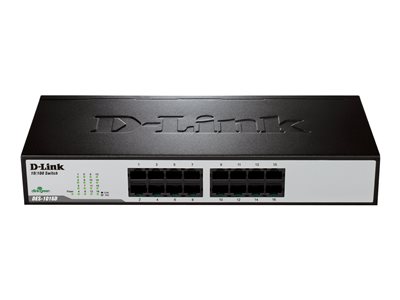 Switch / D-Link DES-1016D/E / unmanaged / 16x 10/100TX / Auto-Uplink MDI-II/-X / inkl. 19" Kit / int. Netzteil / 1HE / lüfterlos