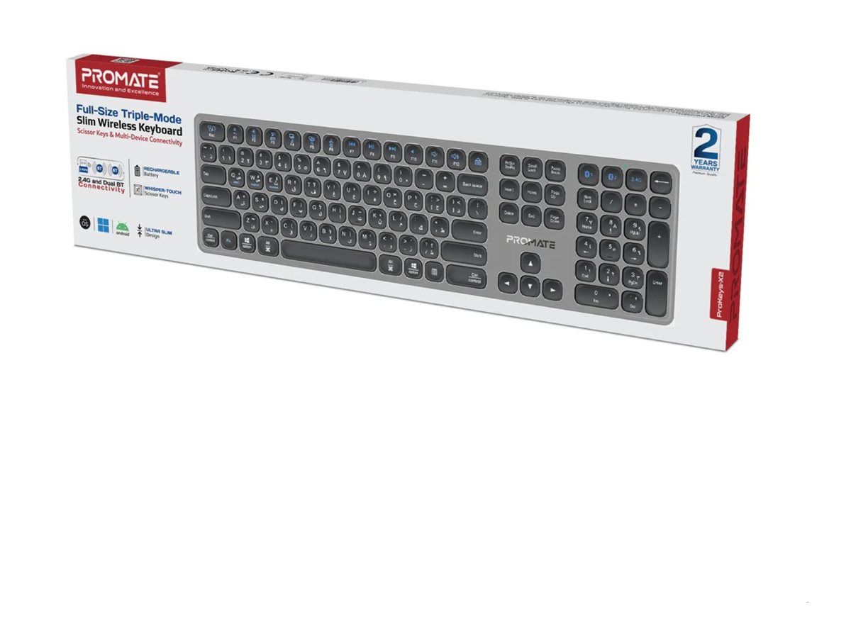 Promate ProKeys-X2 keyboard triple-mode slim full size QWERTY English Input Product shot Front 79800