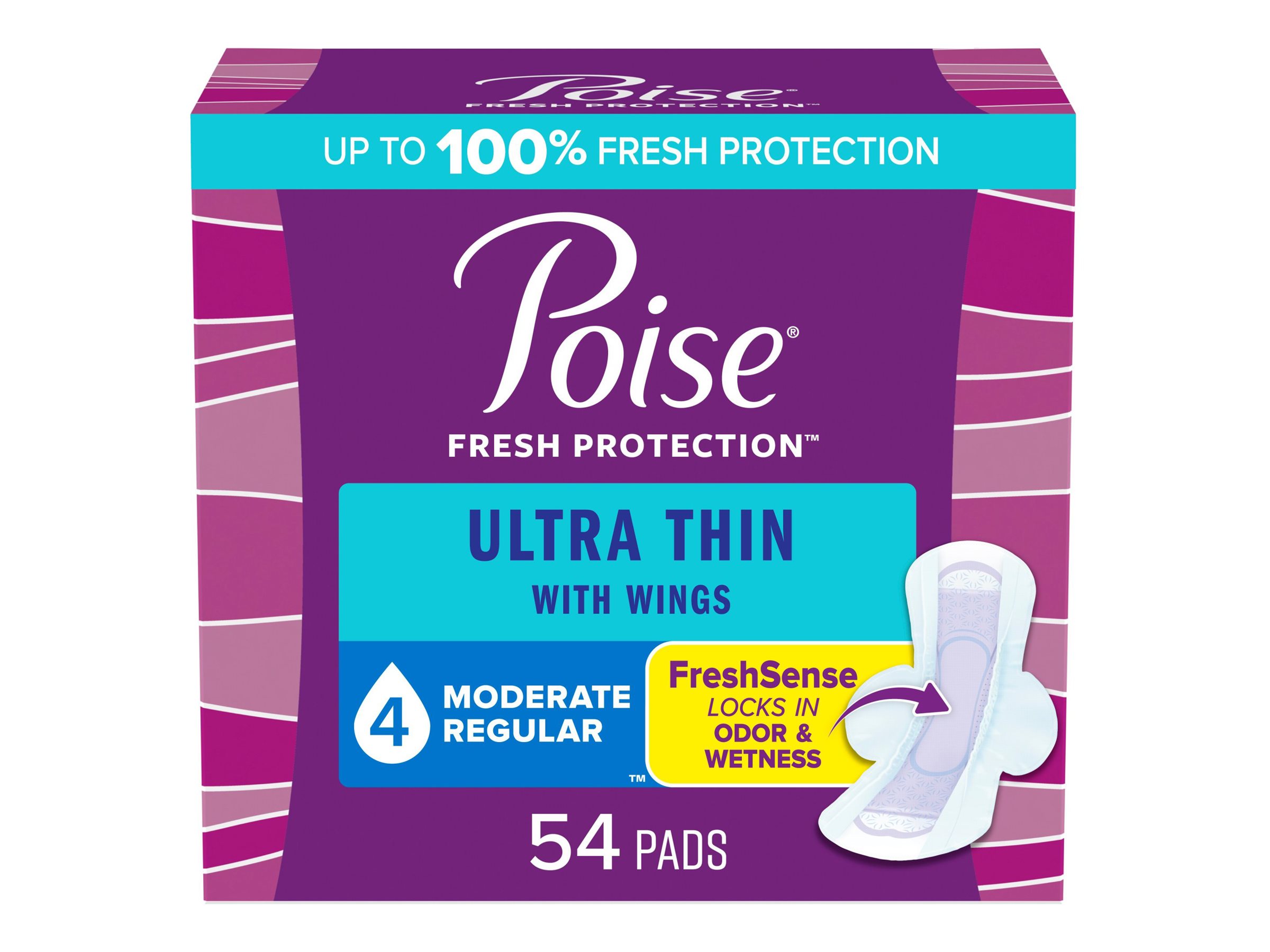 Poise Ultra Thin Regular Length Incontinence & Postpartum Pads With Wings - Medium Absorbency - 54 Count