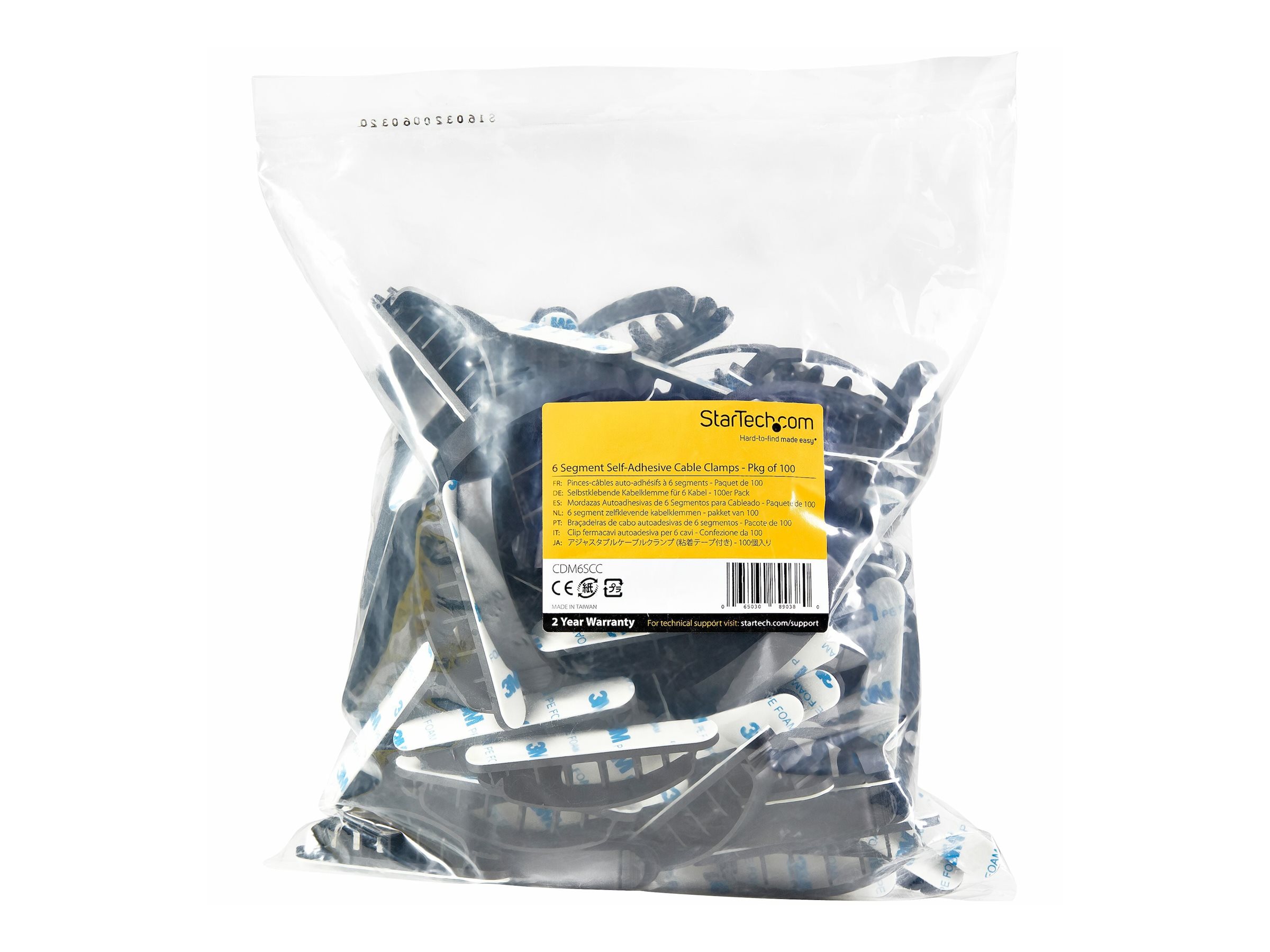 An image of Startech 100 Pack Cable Management Clips, Self Adhesive 6 Slot Cable Comb, Resusable Desktop USB/Computer/Ethernet/AV Cord Organizer/Sticky Cable Holders, Nylon 66 Cable Clamp UL Rated - UL94 V2, M1 Fire Rated (CDM6SCC) - cable management clip - TAA Compliant
