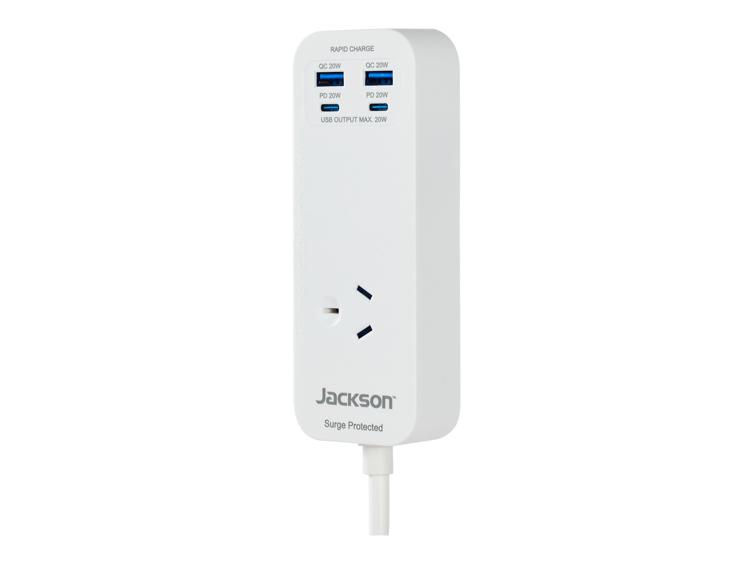 Jackson PT3USBPDW, surge protector, 20 W USB-A + USB-C, 1 outlet, portable, 2400 watt