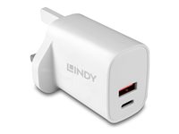 Lindy - Power adapter - 20 Watt - 3 A - Fast Charge, PD 3.0 - 2 output connectors (USB, 24 pin USB-C) - white