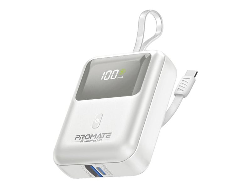 Promate POWERPOD-10 power bank ultra compact with built-in USB-C cable Li-Ion USB USB-C Product shot Right-angle 79550