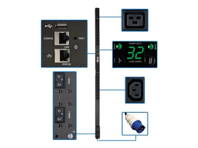 Tripp Lite 7.4kW Single-Phase Monitored PDU, LX Interface, 230V Outlets (36 C13/6 C19), IEC 309 32A Blue, 10 ft. Cord, 0U 1.8m/70 in. Height, TAA