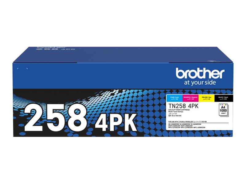 Brother TN258 4PK 4-pack black magenta cyan yellow original toner Package view Front 80460